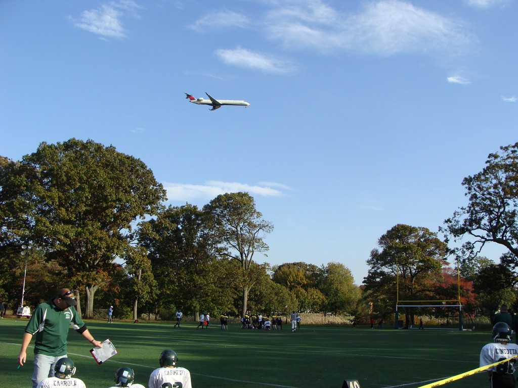 A plane flew low over a soccer game in Rosedale on Oct. 23.