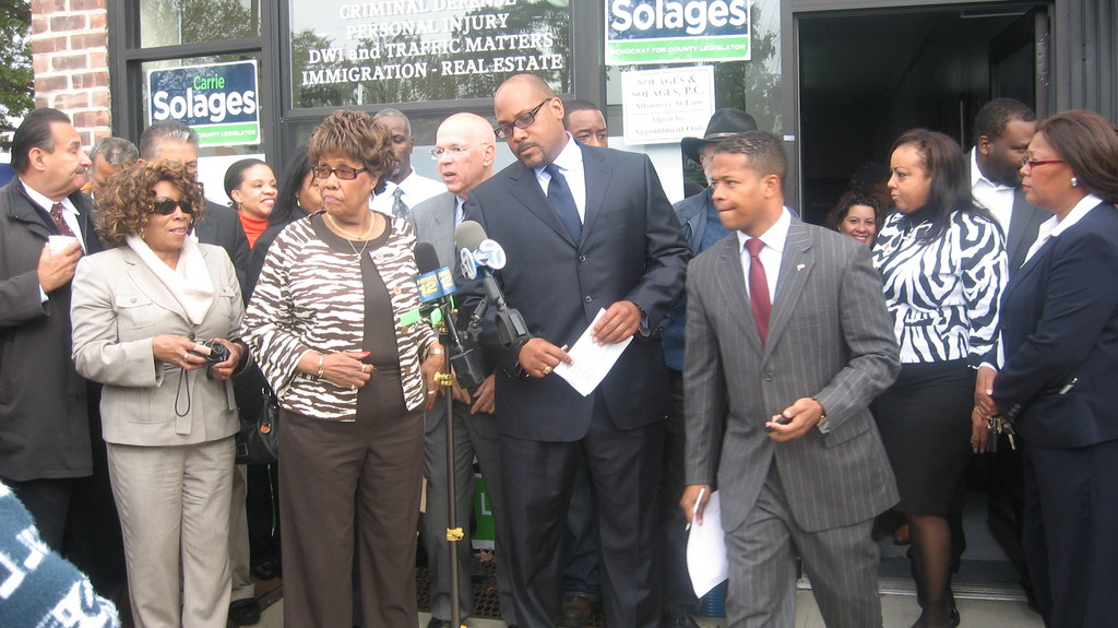 Carrié Solages, third from right, the Democratic challenger in Nassau County’s 3rd Legislative District, held a press conference on Oct. 26 to announce a new anti-intimidation task force for the district.