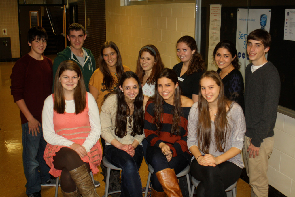 The ten Lynbrook High School seniors who submitted research projects to the Intel Science Talent Search were, seated from left, Laura Zweifler, Alyssa Glanzer, Casey Frankel and Rachel Licciardi. Standing from left were Alex Marcus, Dylan Ander, Johanna Ben-Ami, Ilana Ajzenman, Alison Schwartz (who did not submit), Maggie Rouder and Harrison Ezratty.