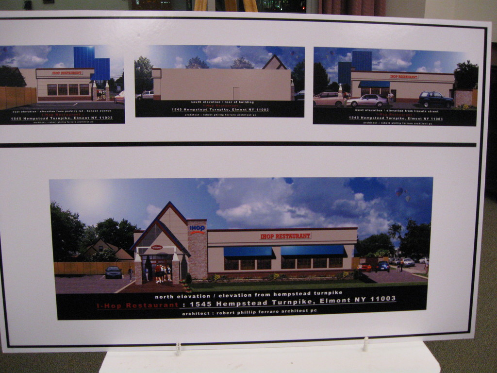 A rendering by Daniel Chun of an IHOP store that would be constructed near the intersection of Hempstead Turnpike and Hill Avenue in Elmont, under Chun's proposal.