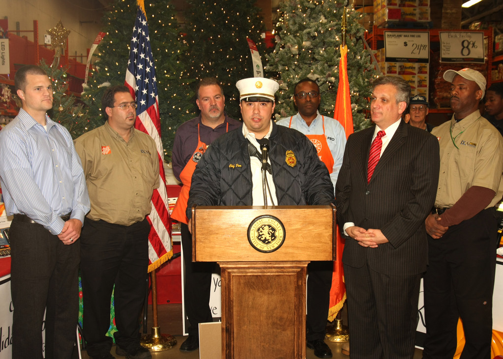 Nassau County Executive Edward Mangano joined members of the Elmont Fire Department and representatives from The Home Depot in December to discuss important safety measures for residents.