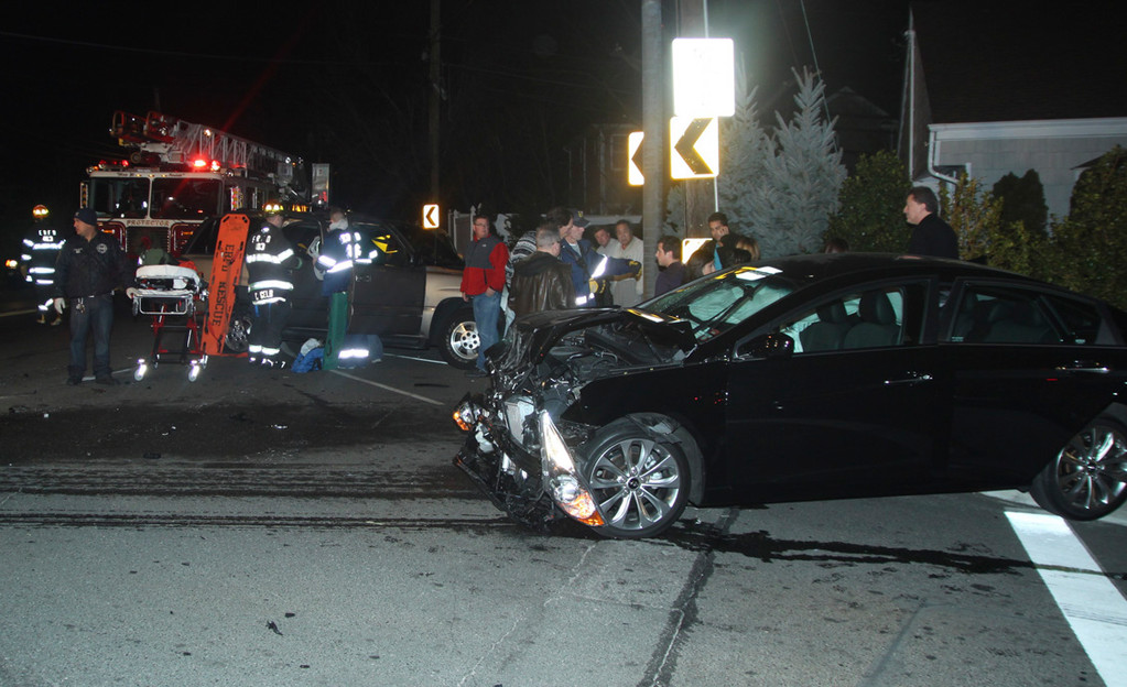 Three people were taken to area hospitals last Saturday night after a car and an SUV slammed into each other near the corner of Main Street and Waverly Avenue in East Rockaway