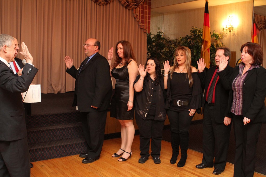 Town of Hempstead attorney Joseph Ra swore in the F.S. Chamber's 2012 officers, including Bruno Caracciolo, second from left, first vice president; Lisa Dellipizzi,  second vice president; Maria Caliendo, third vice president; Patrice Maresca-Sehne, fourth vice president; Frank Culmone, secretary; and Debbie Hickey, treasurer.