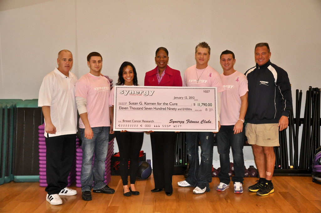 Dara Richardson-Heron, M.D., CEO of Susan G. Komen for the Cure, came to Synergy Fitness on Atlantic Avenue in Baldwin on Jan. 12, to receive a collaborative donation from the Synergy clubs of Baldwin, Franklin Square, Long Beach, Merrick, Garden City Park and Syosset.