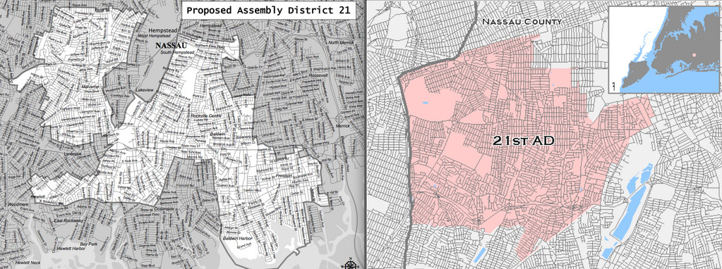 The current 21st district would be redrawn, stretching from Lynbrook to Freeport and including the southern half of Franklin Square — and omitting most of Valley Stream, along with South Valley Stream, North Woodmere, Elmont — according to maps proposed by the New York State Legislative Task Force on Demographic Research and Reapportionment.