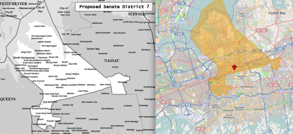 Proposed new state Senate district maps that would move a southern portion of Elmont from District 7 (Sen. Jack Martins), shown here, to District 9 (Sen. Dean Skelos).