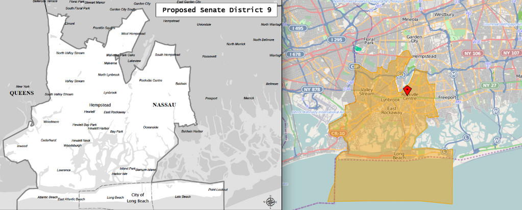 Proposed new state Senate district maps that would move a southern portion of Elmont from District 7 (Sen. Jack Martins) to District 9 (Sen. Dean Skelos), shown here.