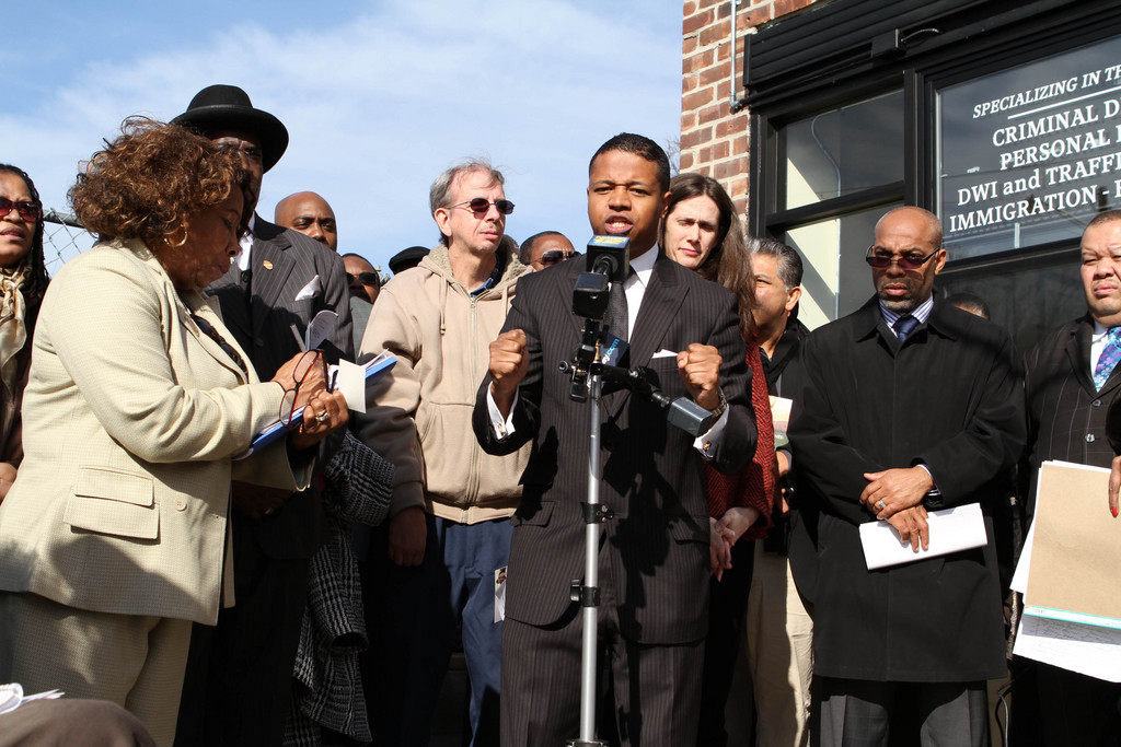Nassau County Legislator Carrié Solages spoke out against the new proposed state Senate maps on Jan. 31, during a rally in front of his law office in Elmont.