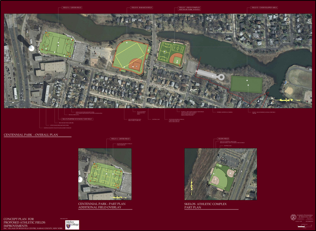 Molloy College and the Village of Rockville Centre are working to finalize a deal which would see the college pay for upgrades to four athletic fields in the village, in return for gaining home fields for its students. To the left and below are renderings of the proposed plans for the athletic field improvements. The map below shows plans for Centennial Park at Mill River.