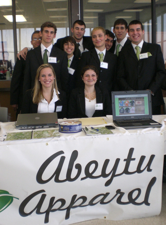 Representatives of Lynbrook High School’s virtual business Abeytu Apparel offered their virtual products for sale at the LIVE Business Plan Competition and Mini Trade Show. Seated from left were Rosalie Chmiel and Megan LoIacono. Standing from left were Chase Nelson, Jake Oelbaum, Nick Placido, Luke Spitzer, Brandon Warshall, Brian Koffler, Adem Ceylan and Luke Reilly.