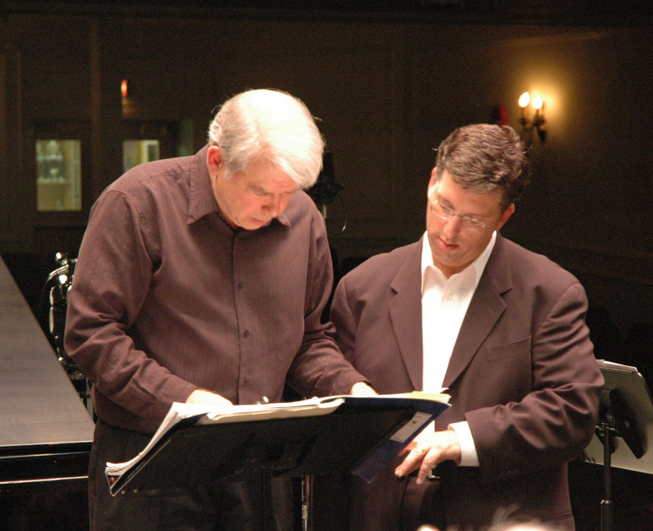 Soloist Jeffrey Biegel, right, prepared for a Feb. 18 concert with the South Shore Symphony Orchestra’s Music Director Scott Jackson Wiley.  