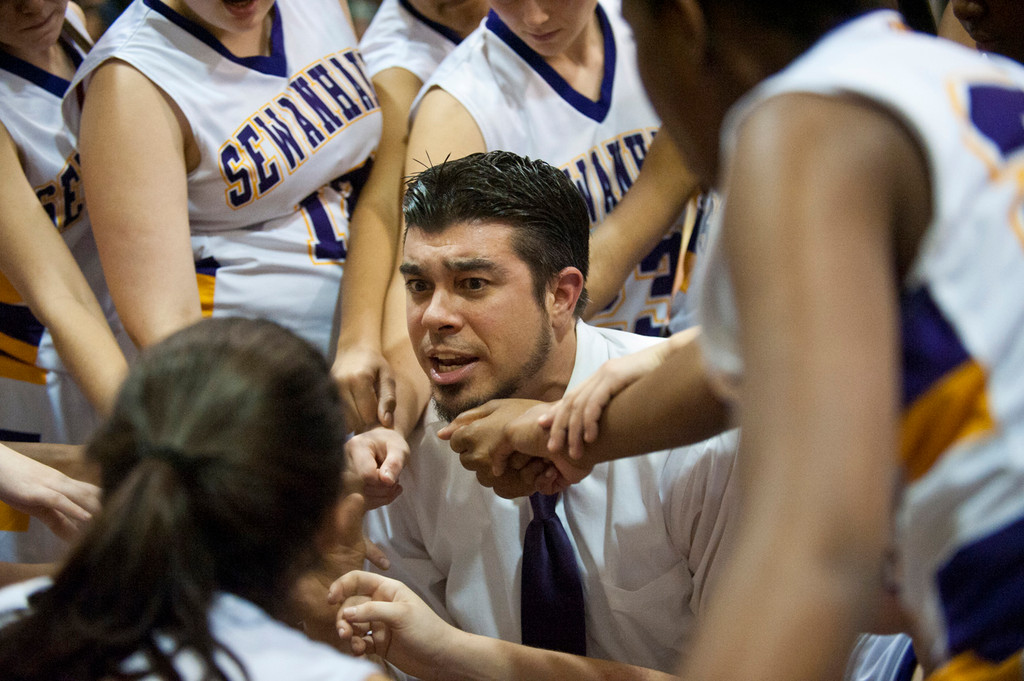 Sewanhaka coach Alex Soupios gave instructions to players during the team’s first home playoff game in 18 years on Feb. 16. The Lady Indians beat Valley Stream North, 63-46, in a Nassau Class A first-round game.