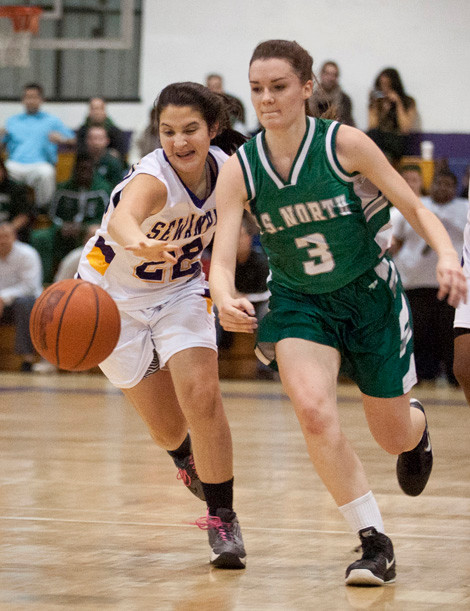 Valley Stream North's Madeline Nelson, right, and Sewanhaka's Daniella Ford chase a loose ball.