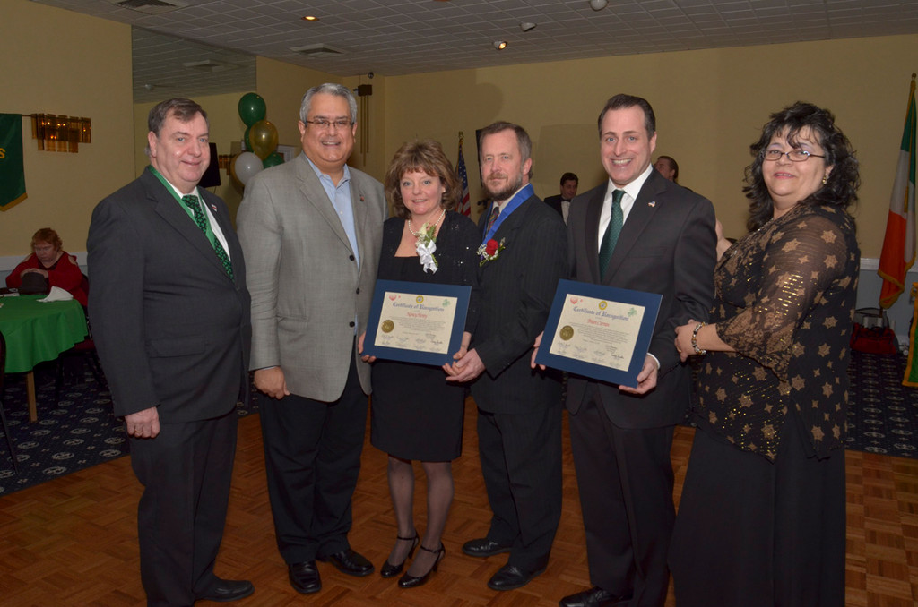 the man and woman of the year were congratulted by local and state officials. From left were Nassau County Ancient Order of Hibernians Recording Secretary Tim Miles, Hempstead Town Councilman Anthony J. Santino, Woman of the Year Nancy Henry, past Hibernian President Jim Henry, Man of the Year Assemblyman Brian Curran and Ladies AOH President Barbara Munro.