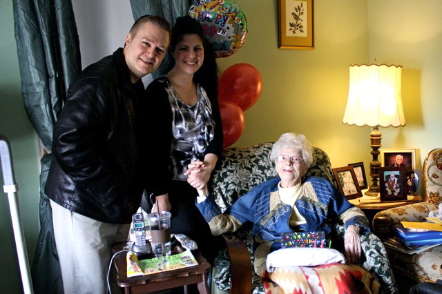 Helen Krakauer, right, of James Street in Franklin Square, turned 99 years old on Feb. 10. At 12 p.m. that day, Joann and William Cook, local residents and co-owners of Super Heros — located on 885 Hempstead Turnpike in Franklin Square — celebrated with Krakauer by surprising her with a “birthday hero,” at her home.