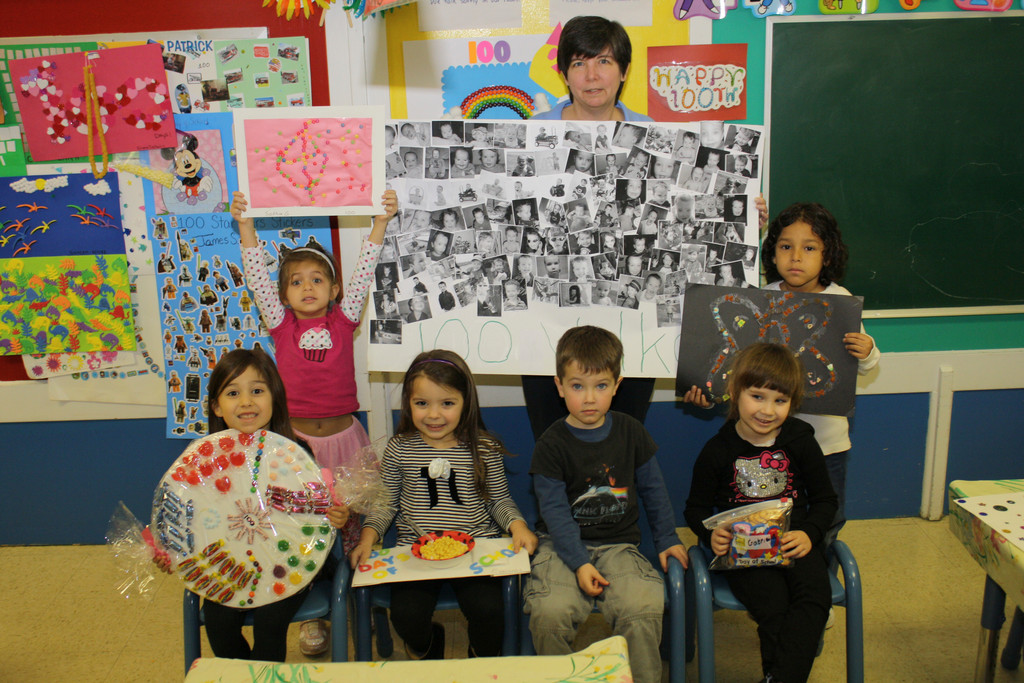 Students celebrated 100 days of school at the Little Saints Preschool in West Hempstead on Feb. 29, by participating in projects with a “100” theme.