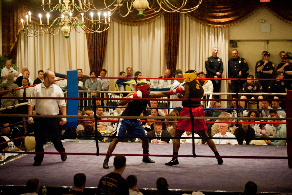 Hundreds of local residents attended a charity event, "Friday Night Fights for the Kids," on March 9 at the Plattduetsche Park Restaurant in Franklin Square. Above: Costa Gemeles, left, fought Freeman Ramos in the light-heavyweight bout.