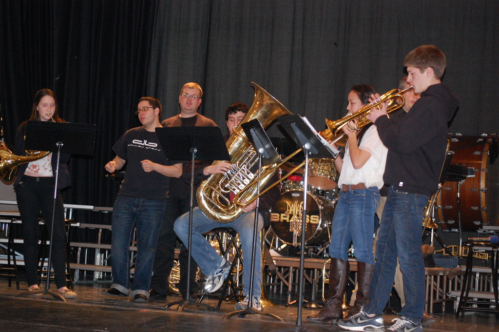 Students from the Valley Stream Central High School District band got to work with members of Dallas Brass during a three-hour workshop on March 9, prior to an evening performance in the Keller Auditorium.