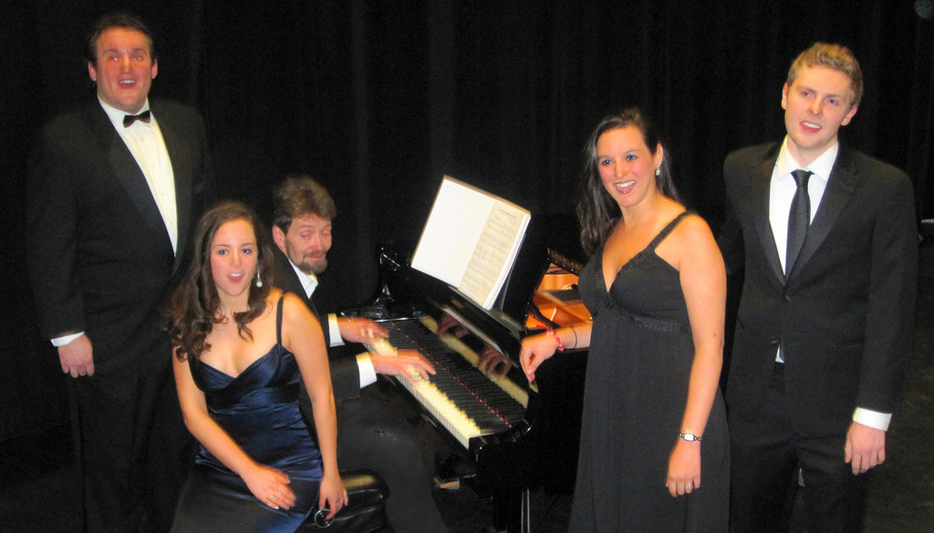 Those sparkling sounds of George and Ira Gershwin come alive once again during the musical tribute “Rhapsody in Gershwin” at Hofstra this weekend. From left are Rob Farley, Danielle Zito, Eric Baum, TracyLynn Connor and Ryan Powell.