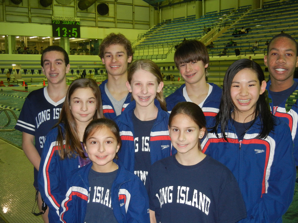 Local residents Conor Spinella, left, from top, Ryan VanManen, Dylan Van Manen, Dranoel Truter, Julia Pusateri, left, middle, and Amanda Agostino, Kimberly Chan, Jillian Pusateri, left, bottom, and Hannah Van Manen competed at the Metropolitan Swimming Junior Olympics last March 16–18, in West Nyack.