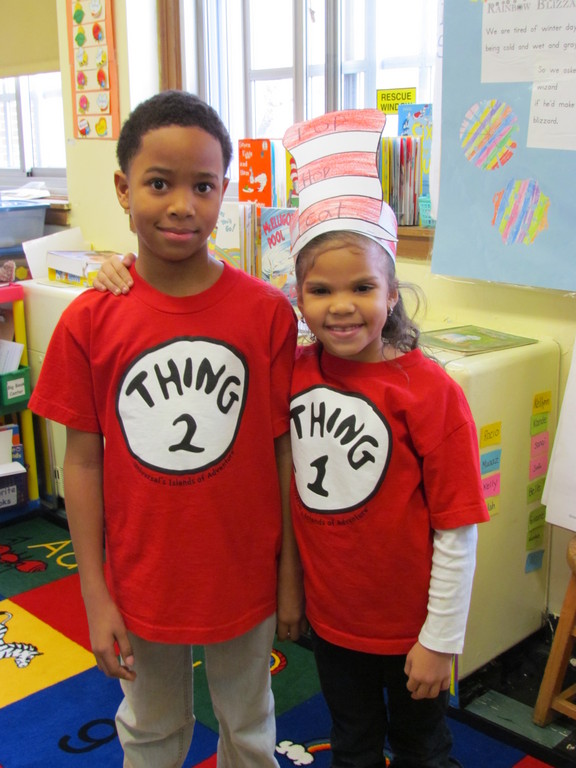 Alden Terrace first-grader, right, Sanai Bassett with her third-grade brother, Tyler Bassett, wore “Thing 1” and “Thing 2” shirts during Alden Terrace’s Dr. Seuss birthday celebration on March 2.