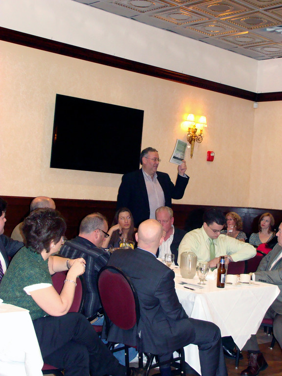 Tom Grech, from J.T. Energy, addressed the crowd at Angelina’s in Lynbrook.