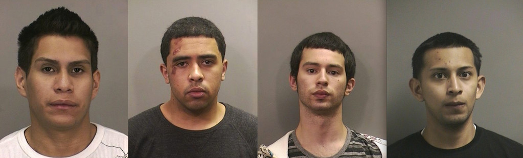 Daniel Aviles, from left, of Farmingdale; Jacob Guerrero III of West Hempstead; John Pinzon of West Hempstead; and Jorge Martinez of Deer Park were arrested this week, after placing explosives inside of three mailboxes in Elmont and crashing a vehicle in West Hempstead, according to the Nassau County Police Department.