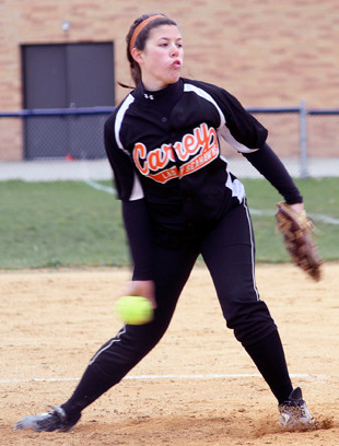 Carey's Jenna Turato delivers a pitch to the plate during last week's 3-0 loss to Conference AA-I rival East Meadow.