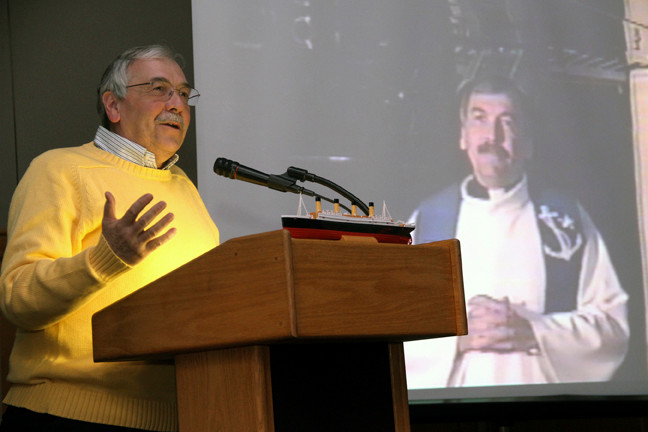Susan Grieco/Herald
The Rev. Gerry Bechard of Sts. Simon and Jude Parish in Michigan, aka the “Titanic Priest,” spoke about the Mass he celebrated over in 1996 on a cruise ship over the site of where the Titanic went down.