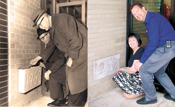 Library Board President George Wandell, left, and Mayor Henry Waldinger laid the cornerstone of the new building in 1962. Fifty years later, Library Director Mamie Eng and Mayor Ed Fare at the same spot, by the entrance to the children’s room.