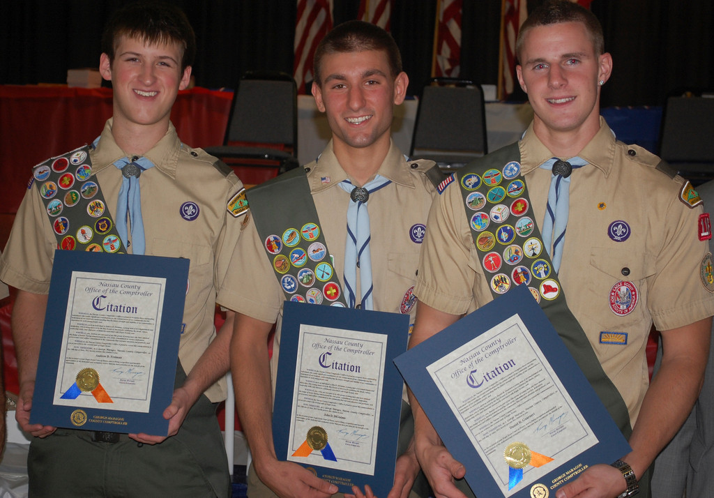 Troop 116 Boy Scouts, from left, Andrew Freiman, John DiGiaimo and Daniel Guarneri earned their Eagle ranks at a Court of Honor ceremony on June 16.