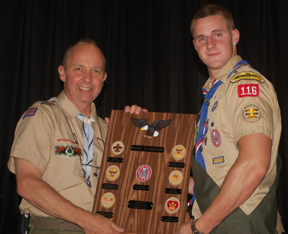 Scout leader Terry Eaton presented Guarneri with a plaque detailing all of his advancements in his scouting career.