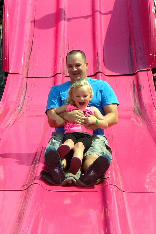 Ryann, 3 was all smiles going down the pink slide with her dad, Joey Zydor of East Rockaway.
