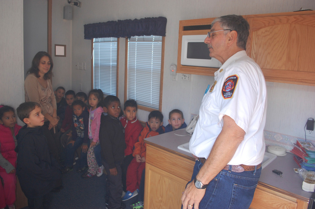Ron Garofalo, a former Valley Stream fire chief, talked to students at the Carbonaro School about fire prevention in the home using the department’s fire safety trailer.