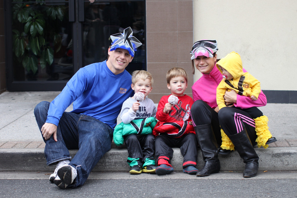 yan and Keely Coco with their twin boys Casey (left) and Cameron, age 3, along with their daughter, Charlotte, 10 months.  They dressed up as Power Rangers for the first time being a family of 5!
