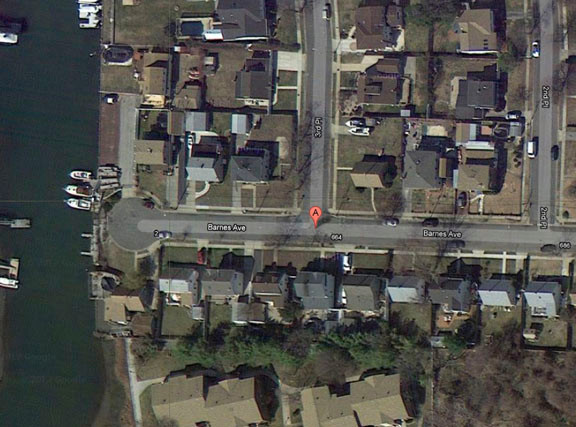 Point ‘A’ shows the approximate location of the force main where the sewer backup occurred. The waterway is Parsonage Creek.