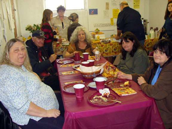 Enjoying a holiday meal together were, from clockwise left: Cedarhurst resident Nancy French, Robert Colby of Far Rockaway, Jo Leonski of East Rockaway and sisters Aimee and Ann Hendrickson of Rockaway Park.