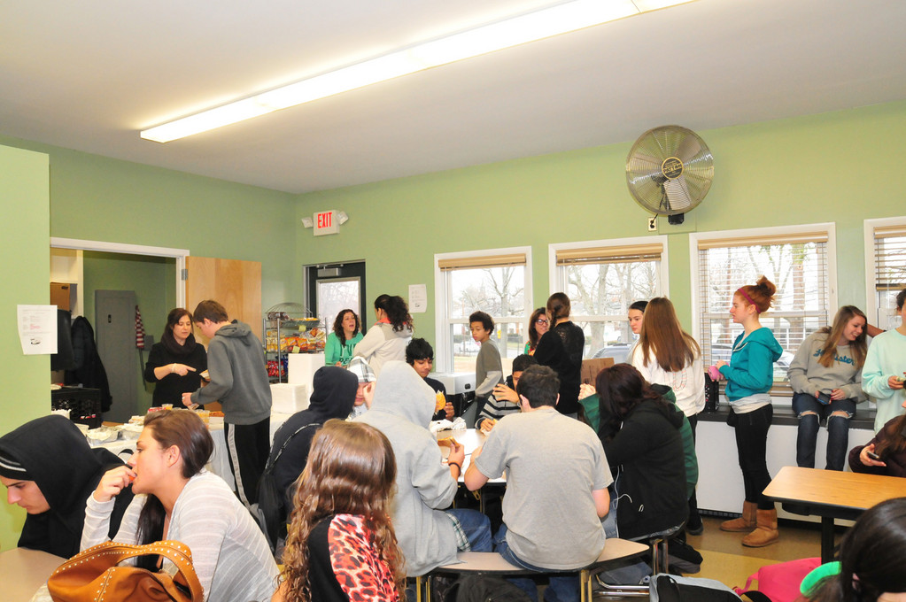 When the cafteria gets too crowded, students can eat and socialize in a nearby classroom.