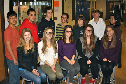 Twelve Lynbrook High School students submitted research papers to the 2013 Intel Science Talent Search. Front row from left were Stephanie Mertz, Zoe Daniels, Olivia Mooney, Dana Fader and Olivia Watman. Back row from left were Brandon Wong, Edward Tischler, Jordan Goldsamt, Rose Paskoff, Tess Lewin-Jacus, Maxwell Brown and Nicolai Tayco.