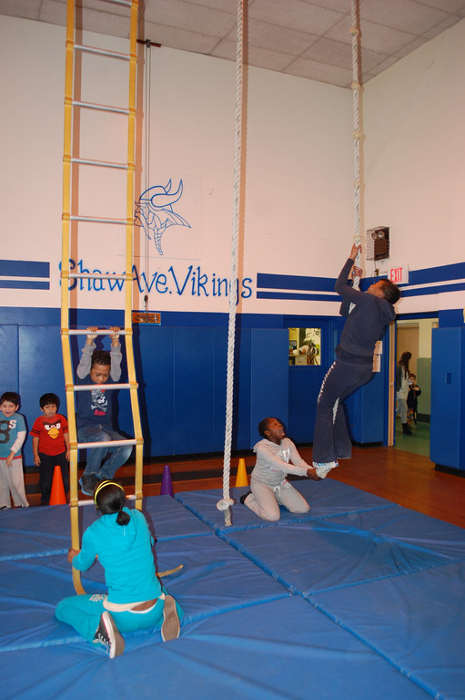Climbing Ropes and ladders is part of a gymnastics unit in phys. ed. classes at Shaw Avenue School that students look forward to every year.
