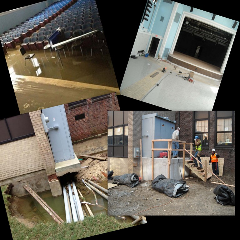 At top, the auditorium stage: a new stage floor was installed — one of many projects being done in the auditorium.  
At bottome, a large sinkhole in the rear of the building was repaired, and an electical transformer was raised up.