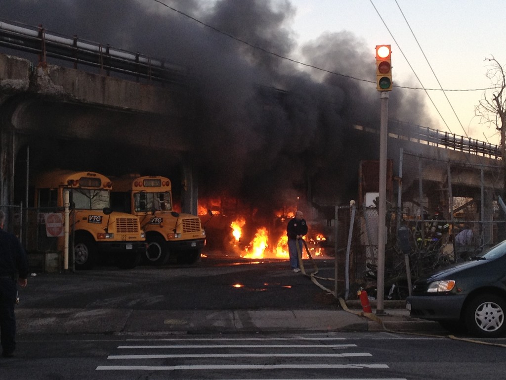 A school bus caught fire at the Veterans Transportation lot in Valley Stream early Wednesday morning.