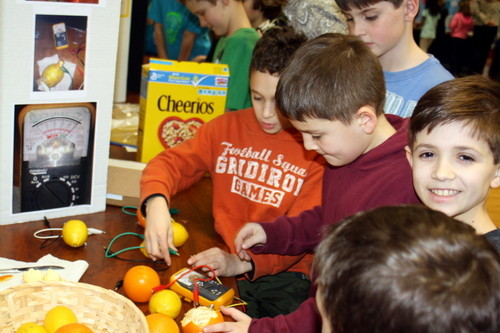 At Lynbrook’s West End School science fair, fourth-graders Matt Kotkin (center) and Ethan Romano (right) demonstrated how they used fruit to create voltaic batteries.