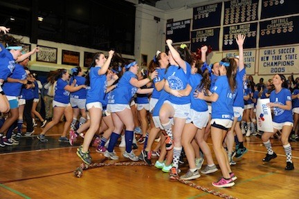 Blue celebrated its win at tug of war.