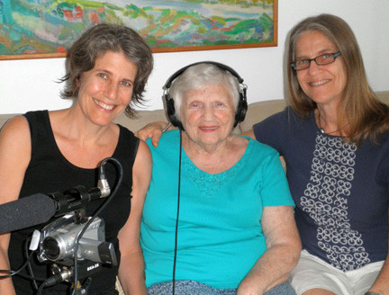 Laurie Weisman, far left, with Anna and Roz Jacobs while filming “Finding Kalman.”