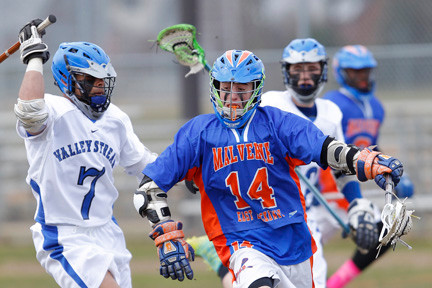 Malverne/East Rockaway's Gerard Clayton, right,  is off to a strong start and scored in triple overtime to beat Island Trees, 4-3, on April 3.