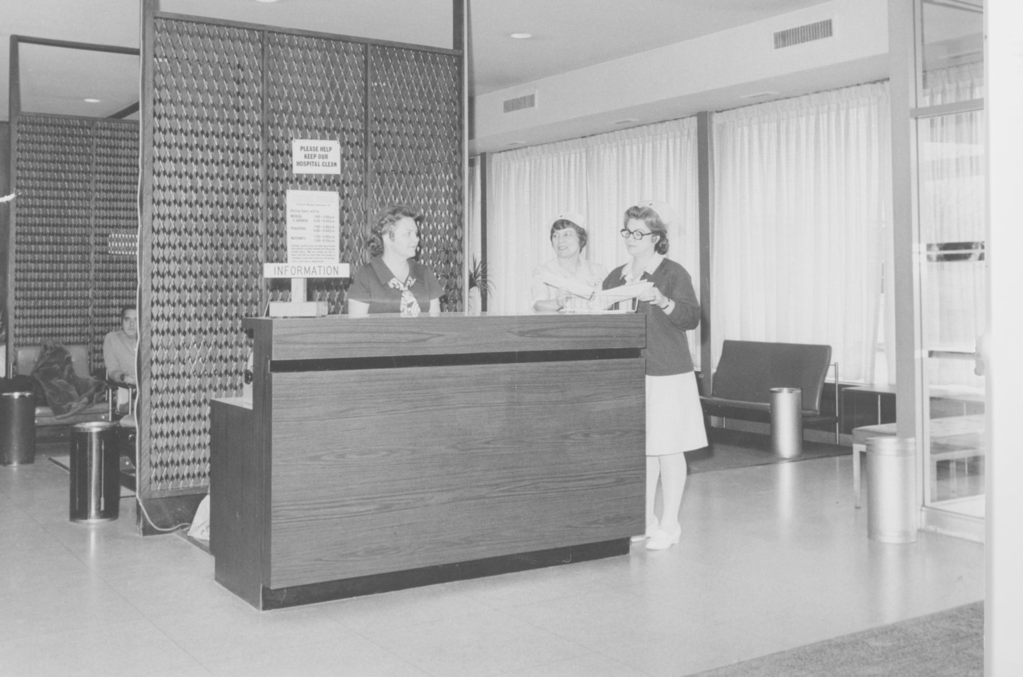 Nurses gather in the original lobby of Franklin Hospital, which first opened in 1963. Over the past 50 years, the building has been expanded and renovated.