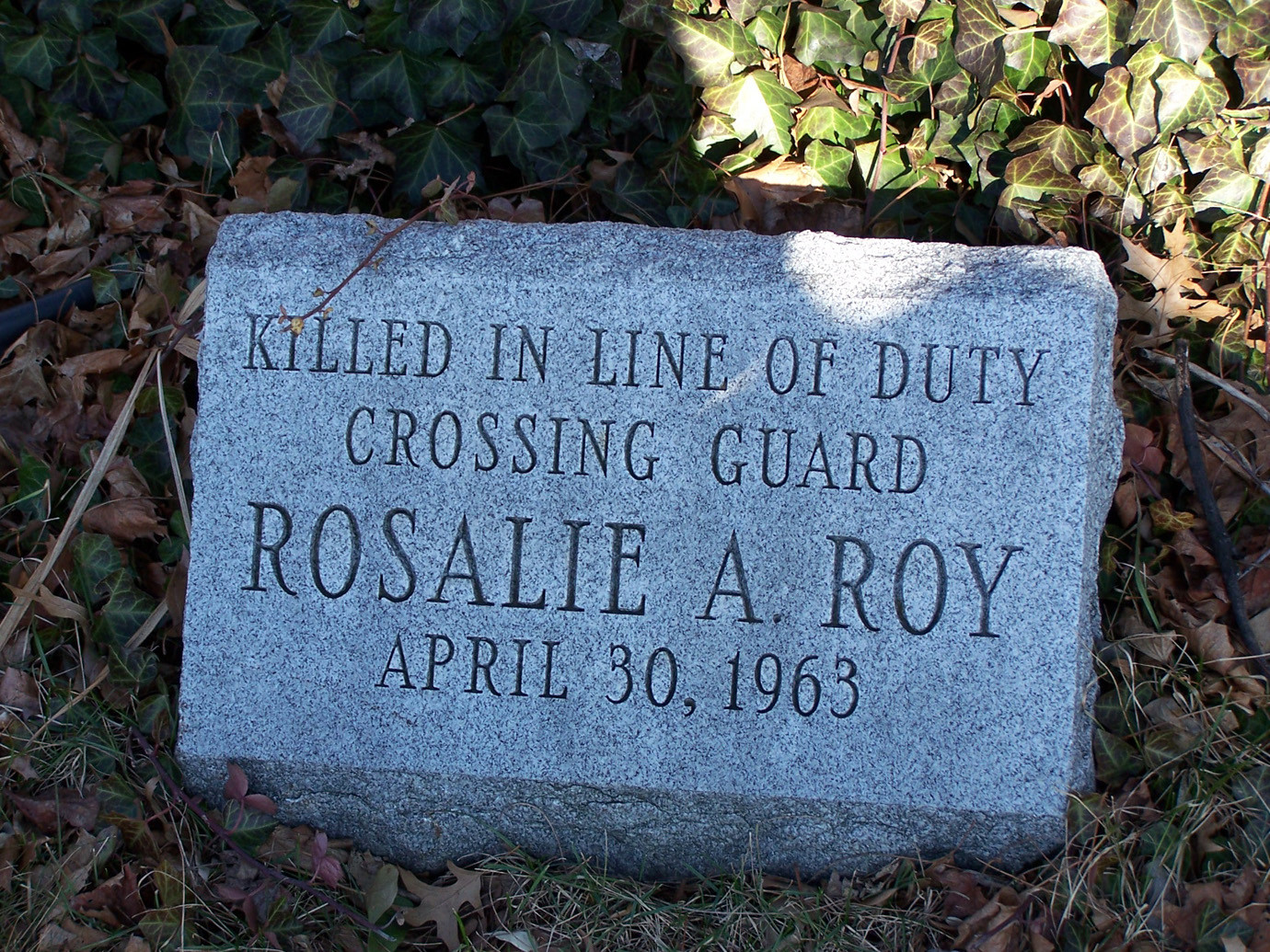 A separate stone honoring Roy is located on the lawn in front of the apartments at 60 Hempstead Avenue at the corner of Peninsula Boulevard, where she died performing her duties.   mance of her duties.