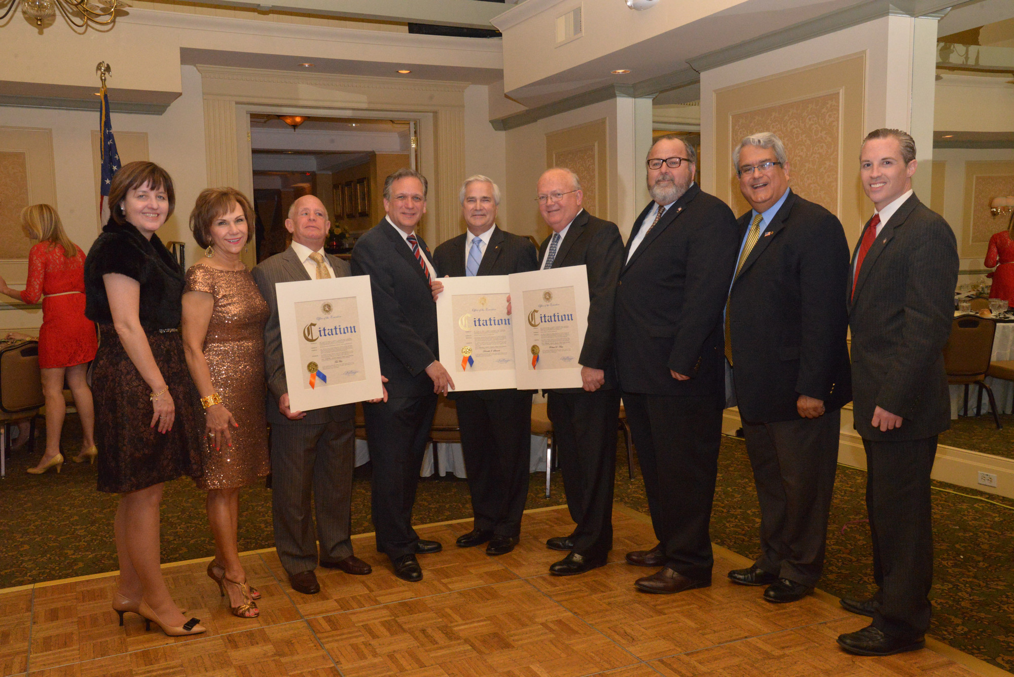 Organizer Jeanne Mulry, left, organizer Joan MacNaughton, honoree Tedd Fass, Nassau County Executive Ed Mangano, honoree Don Steinert, honoree Robert Klein, Rockville Centre Mayor Francis Murray, Town of Hempstead Councilman Anthony Santino and Village Trustee Kevin Glynn all attended the evening.