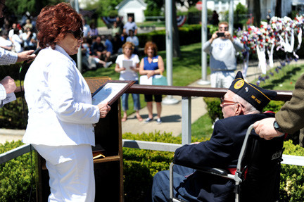 County Legislator Norma Gonsalves honored Grand Marshal Bernard Hein, a member of the Jewish War Veterans Post 709.